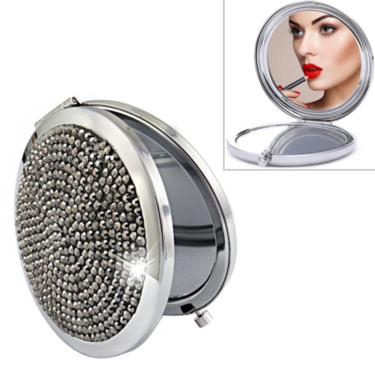 Espelho Pequeno Redondo Dobrável Dupla Face em Metal com Diamantes Mini Portátil, Branco, Vermelho, Rosa, Azul Céu, Verde, Cor Branco, Preto Brilhante