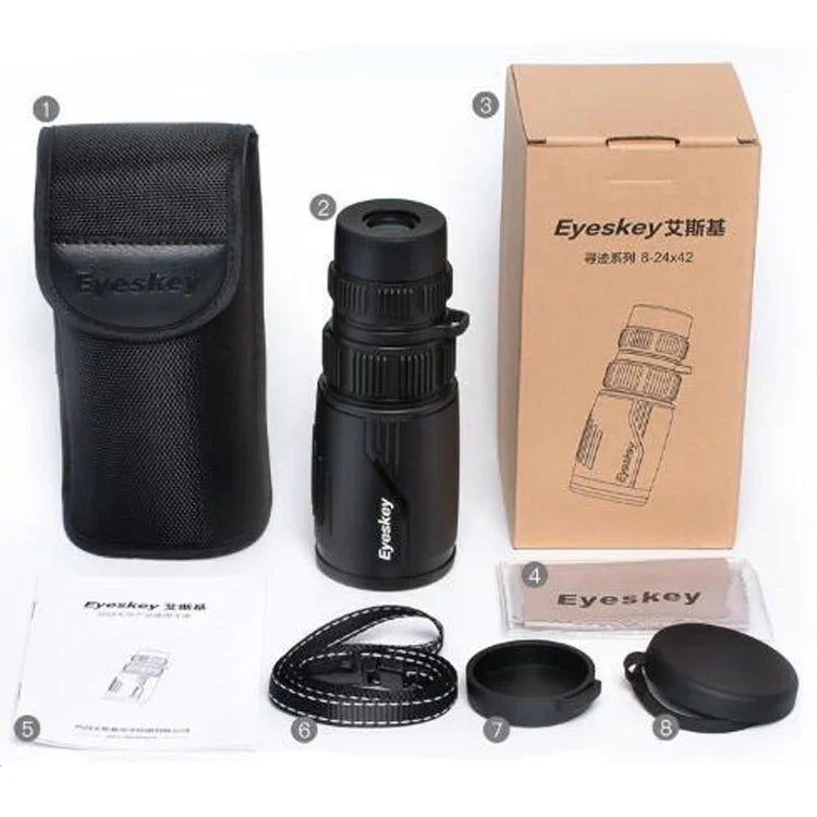 Eyeskey Telescópio HD de Tubo Único Zoom 8-24X42 para Telemóvel, Monóculo Binóculos Impermeáveis, 8-24X42