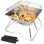 Grelhador de Churrasco Elevável para Camping em Aço Inoxidável, Grelhador Dobrável para Carvão e Madeira, 31x31x21cm