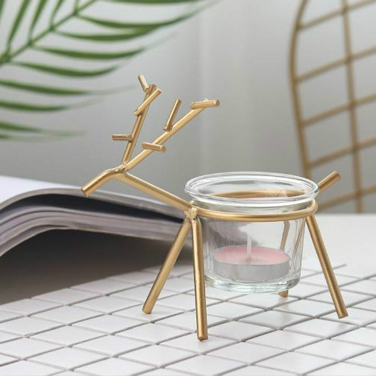 Castiçal de Ferro Forjado com Veado para Decoração de Ambiente em Mesa de Casa, Preto, Dourado