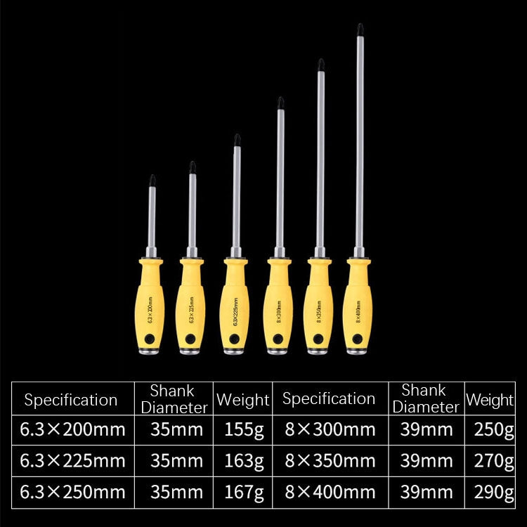 Chave de Fendas de Percussão em Aço Cromo Vanádio, 6.3x200mm 4 polegadas Phillips, 6.3x225mm 5 polegadas Phillips, 6.3x250mm 6 polegadas Phillips, 8x300mm 8 polegadas Phillips, 8x350mm 10 polegadas Phillips, 8x400mm 12 polegadas Phillips