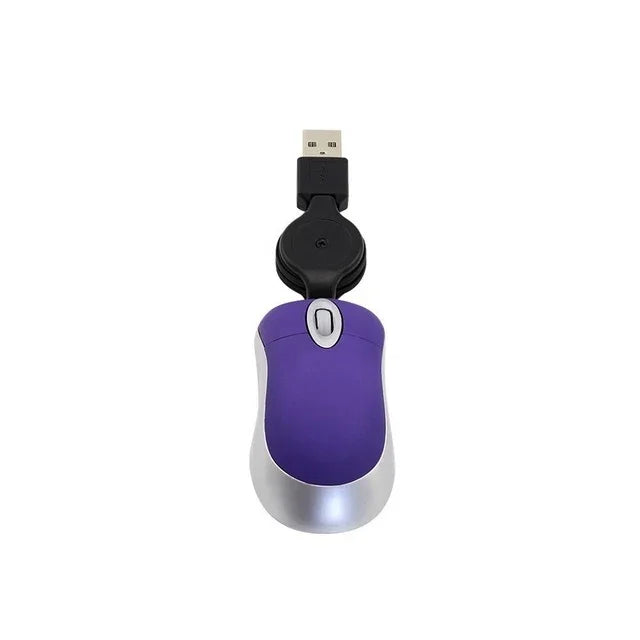 Mini Rato de Computador com Cabo USB Retrátil Óptico Ergonómico 1600 DPI Pequeno e Portátil para Portátil