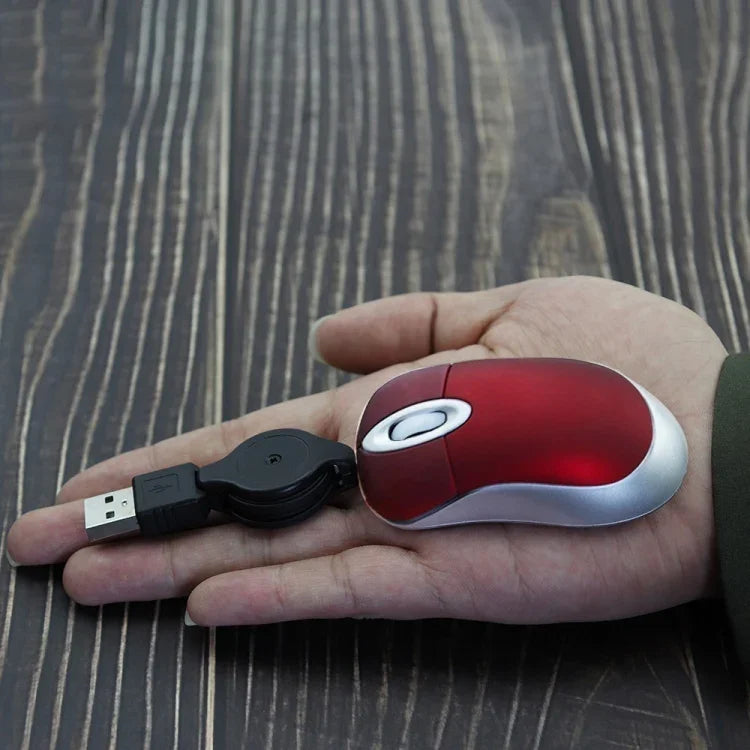 Mini Rato de Computador com Cabo USB Retrátil Óptico Ergonómico 1600 DPI Pequeno e Portátil para Portátil