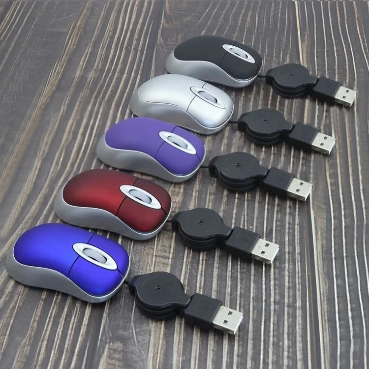 Mini Rato de Computador com Cabo USB Retrátil Óptico Ergonómico 1600 DPI Pequeno e Portátil para Portátil