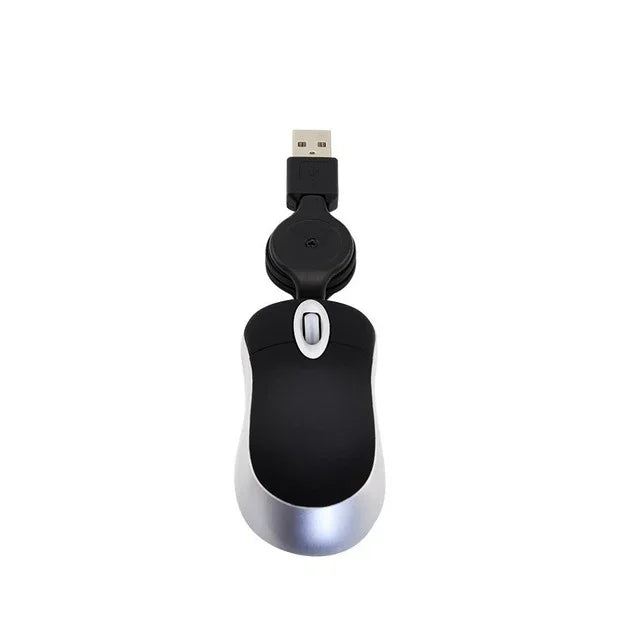 Mini Rato de Computador com Cabo USB Retrátil Óptico Ergonómico 1600 DPI Pequeno e Portátil para Portátil