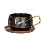 Caneca de chá/café em cerâmica da série mármore mate dourado com tampa ou tabuleiro de madeira