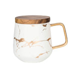 Caneca de chá/café em cerâmica da série mármore mate dourado com tampa ou tabuleiro de madeira