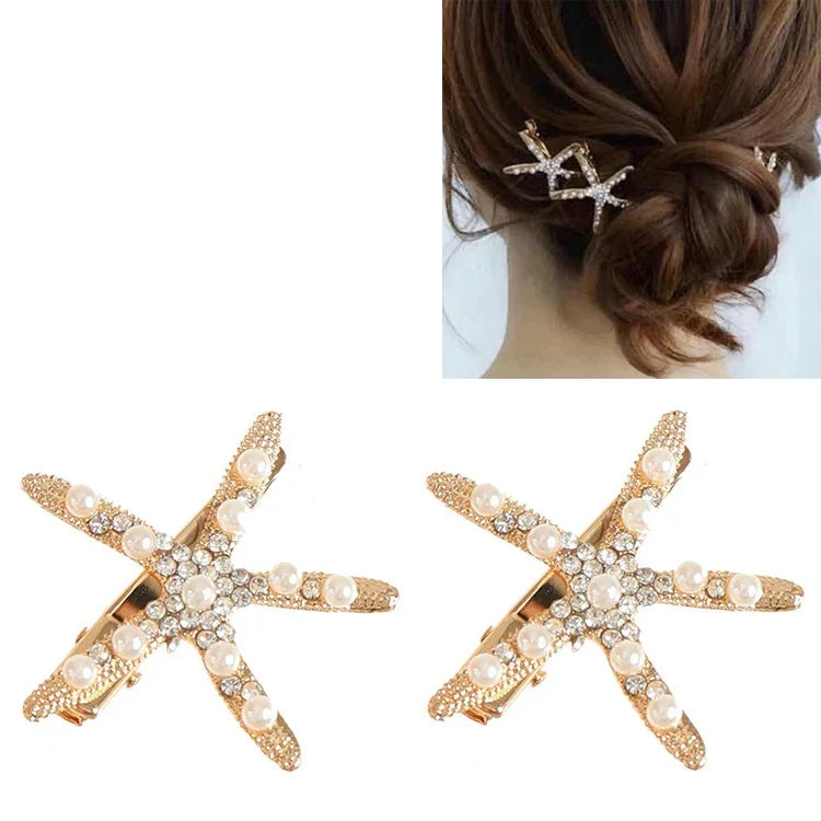 Fashion Rhinestone Pearl Starfish Hairpin For Women Bridal Headpiece Hair Styling Tool