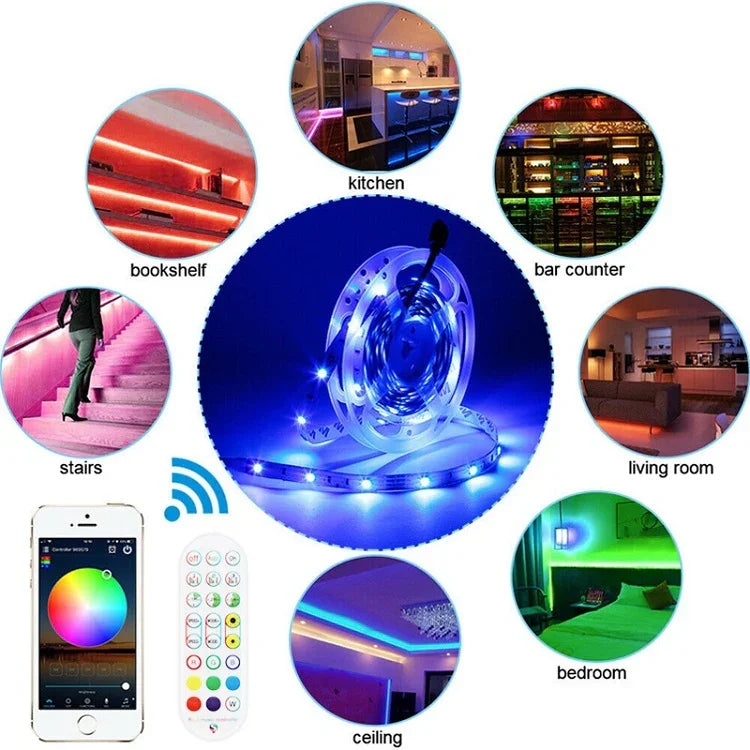 Tira de Luz LED de Ambiente Colorida RGB 5050 com Controlo de Som por Bluetooth para Roupa Inteligente, Não Impermeável, com Comando de 24 Teclas, 5M 150 LEDs, 5M 300 LEDs, 10M 300 LEDs, 10M 600 LEDs, 15M 450 LEDs, 15M 270 LEDs, 20M 360 LEDs, 30M 540 LEDs