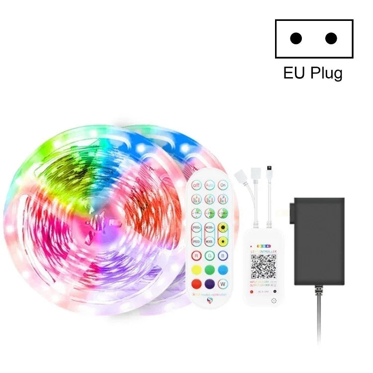 Tira de Luz LED de Ambiente Colorida RGB 5050 com Controlo de Som por Bluetooth para Roupa Inteligente, Não Impermeável, com Comando de 24 Teclas, 5M 150 LEDs, 5M 300 LEDs, 10M 300 LEDs, 10M 600 LEDs, 15M 450 LEDs, 15M 270 LEDs, 20M 360 LEDs, 30M 540 LEDs