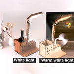 Lâmpada de Secretária de Mesa com Suporte para Canetas USB de Toque Multifuncional em Madeira, Lâmpada de Leitura para Estudantes com Carregamento USB, Proteção Ocular LED, Lâmpada de Mesa, Plug USB sem Bateria, Bateria Incorporada com Carregamento USB