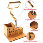 Lâmpada de Secretária de Mesa com Suporte para Canetas USB de Toque Multifuncional em Madeira, Lâmpada de Leitura para Estudantes com Carregamento USB, Proteção Ocular LED, Lâmpada de Mesa, Plug USB sem Bateria, Bateria Incorporada com Carregamento USB