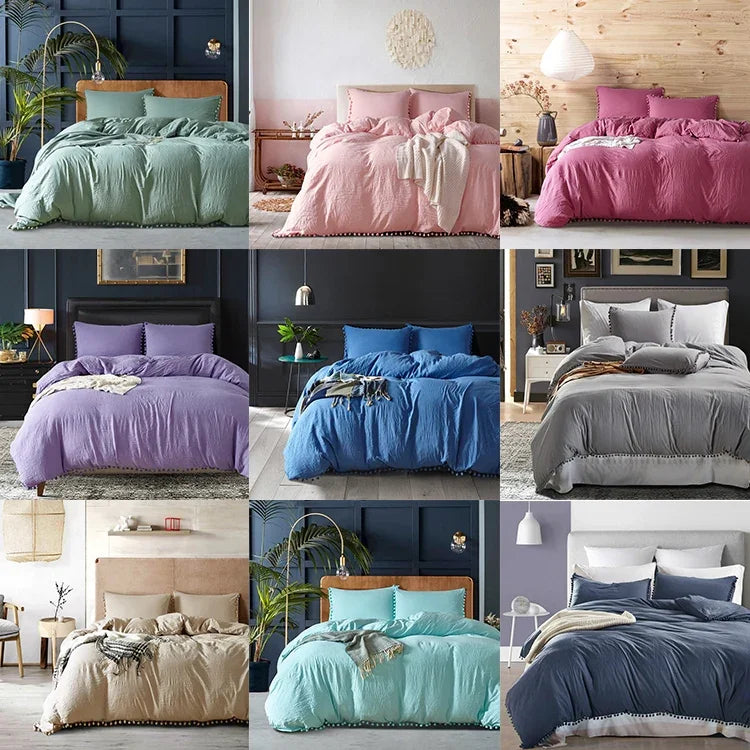 Conjuntos de Roupa de Cama Princesa com Tecido de Microfibra Decorativo com Bolas Lavadas Capa de Almofada, Twin (Uma Fronha e Um Edredão), Queen (Duas Fronhas e Um Edredão), King (Duas Fronhas e Um Edredão)