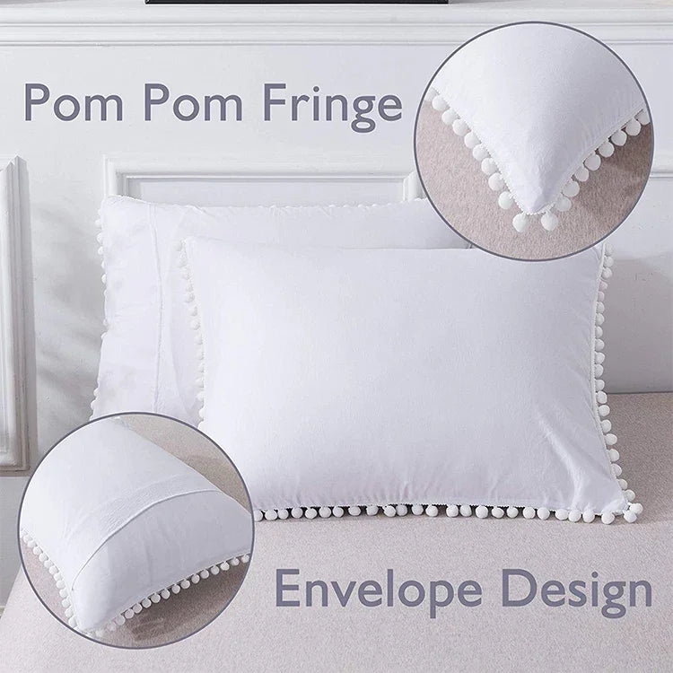 Conjuntos de Roupa de Cama Princesa com Tecido de Microfibra Decorativo com Bolas Lavadas Capa de Almofada, Twin (Uma Fronha e Um Edredão), Queen (Duas Fronhas e Um Edredão), King (Duas Fronhas e Um Edredão)