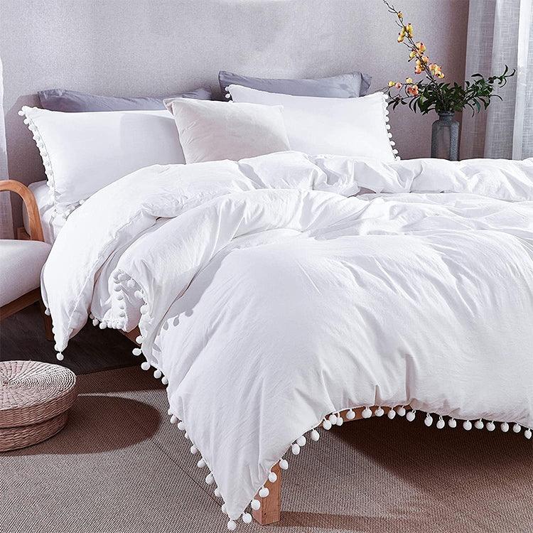 Conjuntos de Roupa de Cama Princesa com Tecido de Microfibra Decorativo com Bolas Lavadas Capa de Almofada, Twin (Uma Fronha e Um Edredão), Queen (Duas Fronhas e Um Edredão), King (Duas Fronhas e Um Edredão)