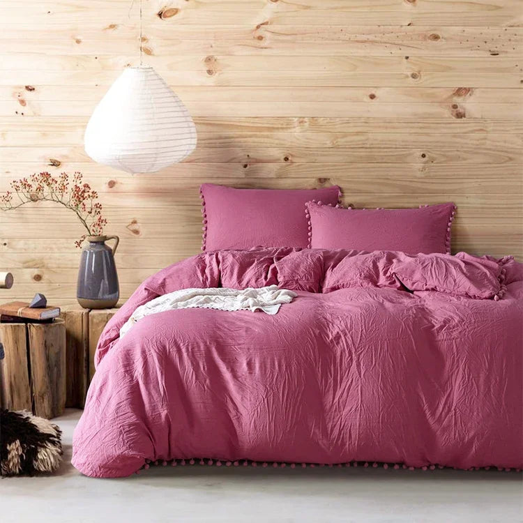 Conjuntos de Roupa de Cama Princesa com Tecido de Microfibra Decorativo com Bolas Lavadas Capa de Almofada, Twin (Uma Fronha e Um Edredão), Queen (Duas Fronhas e Um Edredão), King (Duas Fronhas e Um Edredão)