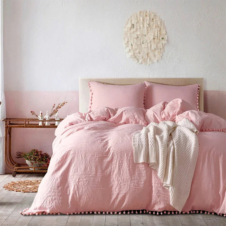 Conjuntos de Roupa de Cama Princesa com Tecido de Microfibra Decorativo com Bolas Lavadas Capa de Almofada, Twin (Uma Fronha e Um Edredão), Queen (Duas Fronhas e Um Edredão), King (Duas Fronhas e Um Edredão)