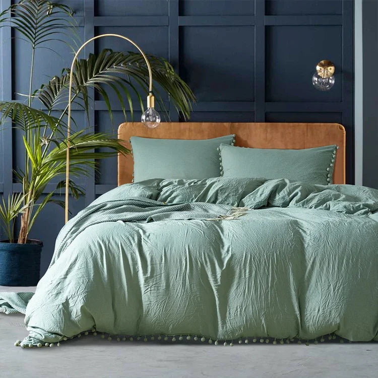 Conjuntos de Roupa de Cama Princesa com Tecido de Microfibra Decorativo com Bolas Lavadas Capa de Almofada, Twin (Uma Fronha e Um Edredão), Queen (Duas Fronhas e Um Edredão), King (Duas Fronhas e Um Edredão)