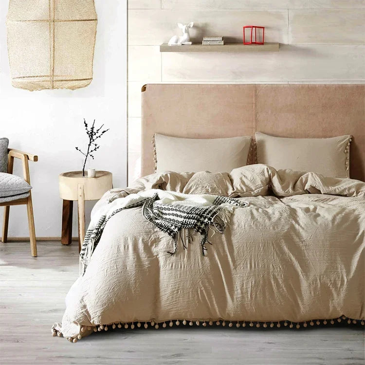Conjuntos de Roupa de Cama Princesa com Tecido de Microfibra Decorativo com Bolas Lavadas Capa de Almofada, Twin (Uma Fronha e Um Edredão), Queen (Duas Fronhas e Um Edredão), King (Duas Fronhas e Um Edredão)