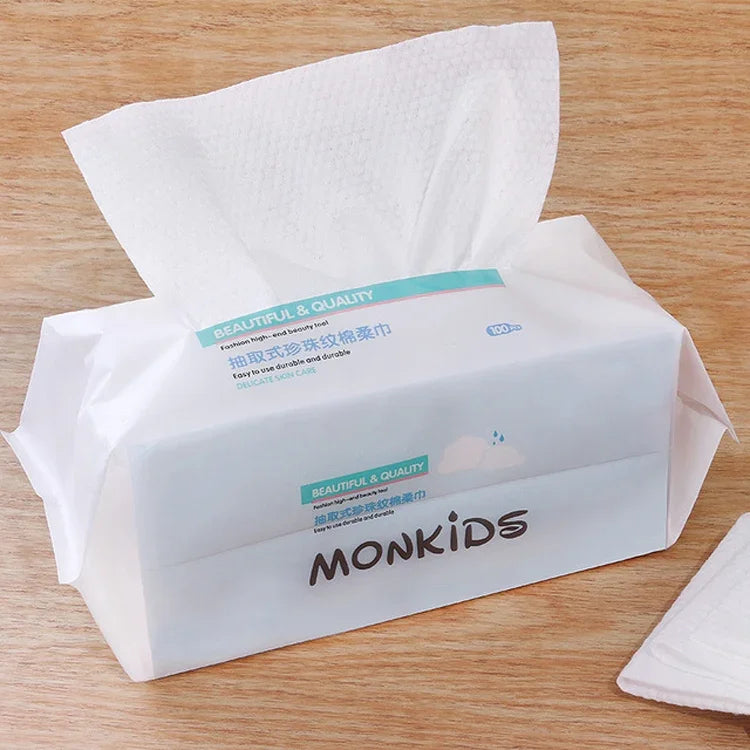 MONKIDS KS037 Toalha facial descartável em algodão puro, toalha de limpeza espessa com textura de pérolas, 100 folhas