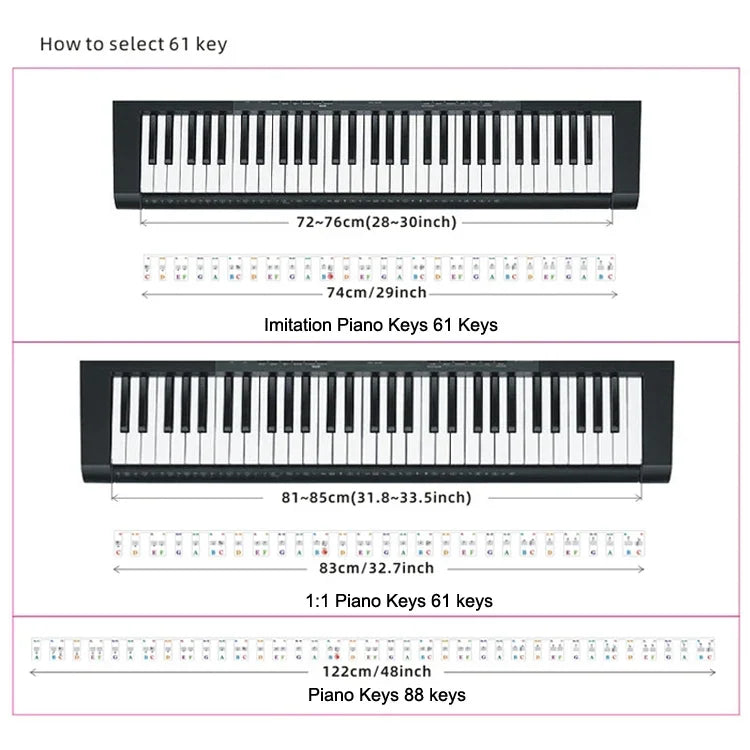 Adesivos Coloridos para Teclado de Piano para Crianças Iniciantes, Acessórios para Instrumentos Musicais, Teclas de Piano Imitadas 61 Teclas, Teclas de Piano 61 teclas