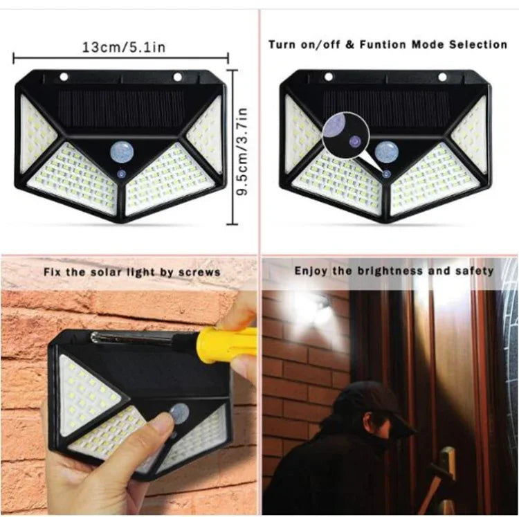 Luz de parede solar de indução para pátio exterior com 100 LEDs, iluminação ajustável para varanda e jardim, pequena luz de rua, 1 unidade 100 LEDs, 2 unidades 100 LEDs