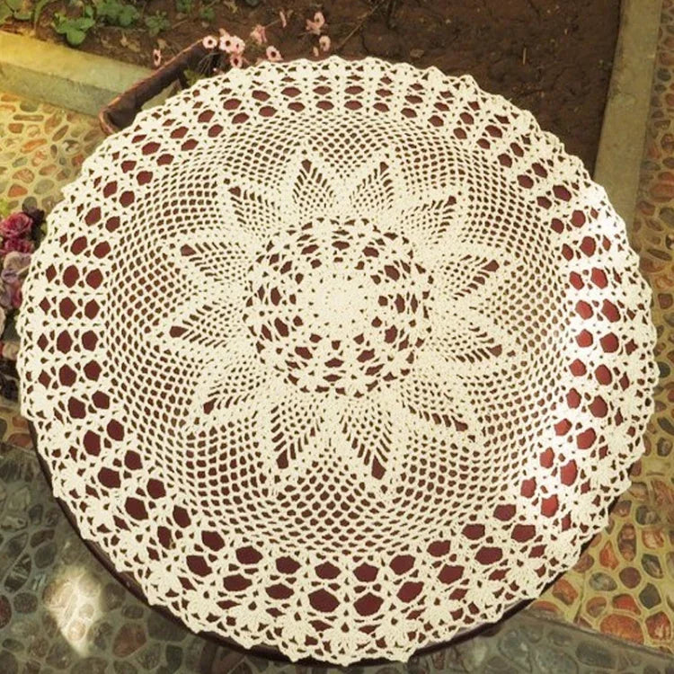 Toalha de Mesa Redonda de Croché Artesanal Exquisito Jardim de Flores Mori Algodão Renda Trabalhada em Ponto Aberto, Diâmetro 60cm