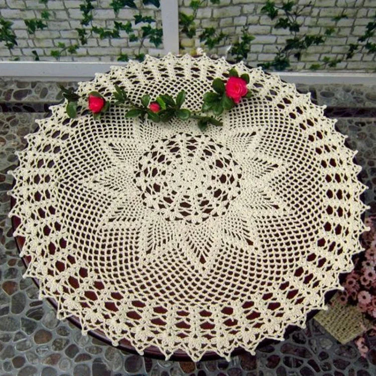 Toalha de Mesa Redonda de Croché Artesanal Exquisito Jardim de Flores Mori Algodão Renda Trabalhada em Ponto Aberto, Diâmetro 60cm