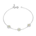 Pulseira em Prata Esterlina S925 com Banho de Platina, Pulseira Fofa com Margaridas