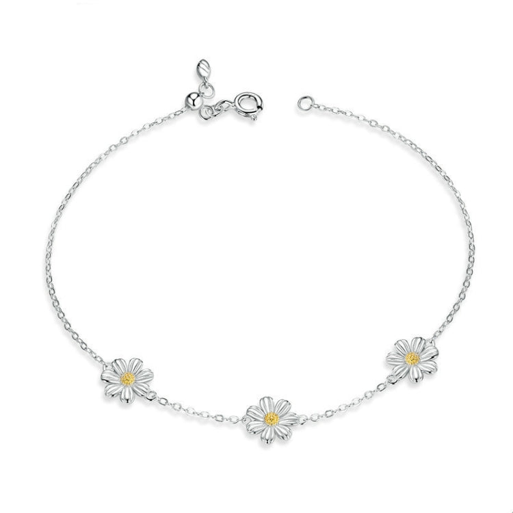 Pulseira em Prata Esterlina S925 com Banho de Platina, Pulseira Fofa com Margaridas