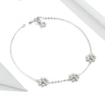 Pulseira em Prata Esterlina S925 com Banho de Platina, Pulseira Fofa com Margaridas