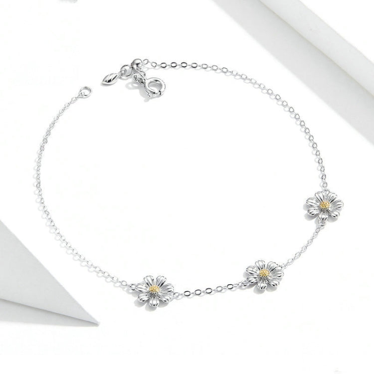 Pulseira em Prata Esterlina S925 com Banho de Platina, Pulseira Fofa com Margaridas