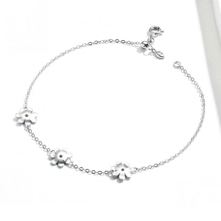 Pulseira em Prata Esterlina S925 com Banho de Platina, Pulseira Fofa com Margaridas
