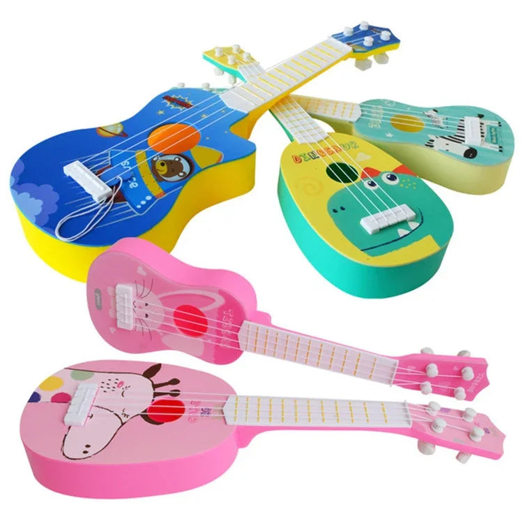 Instrumento Musical de Simulação Pequeno Mini Ukulele de Quatro Cordas Tocável Brinquedo Musical para Educação Infantil, Coelho Rosa, Zebra Azul Claro, Girafa Rosa, Dinossauro Amarelo