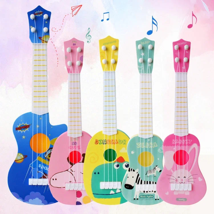 Instrumento Musical de Simulação Pequeno Mini Ukulele de Quatro Cordas Tocável Brinquedo Musical para Educação Infantil, Coelho Rosa, Zebra Azul Claro, Girafa Rosa, Dinossauro Amarelo
