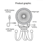 Ventoinha mini polvo luz noturna para crianças, carrinho de bebé portátil, carregamento USB, entrega de cor estilo aleatório