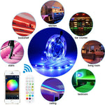 Fita LED Colorida RGB Impermeável com Controlo de Som e Música Bluetooth, Tira de Luz Atmosférica 5050 com Controlo Remoto de 24 Teclas, 5M 150 LEDs, 5M 300 LEDs, 10M 300 LEDs, 10M 600 LEDs, 15M 450 LEDs, 20M 360 LEDs, 30M 540 LEDs