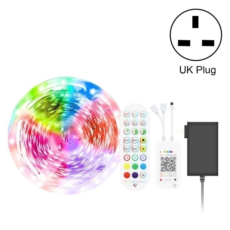 Fita LED Colorida RGB Impermeável com Controlo de Som e Música Bluetooth, Tira de Luz Atmosférica 5050 com Controlo Remoto de 24 Teclas, 5M 150 LEDs, 5M 300 LEDs, 10M 300 LEDs, 10M 600 LEDs, 15M 450 LEDs, 20M 360 LEDs, 30M 540 LEDs