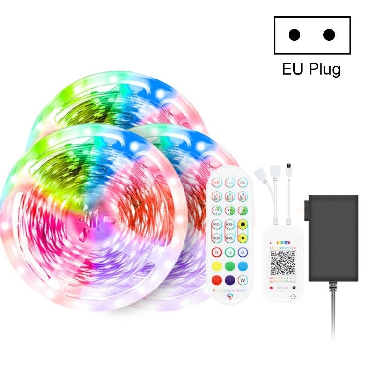Fita LED Colorida RGB Impermeável com Controlo de Som e Música Bluetooth, Tira de Luz Atmosférica 5050 com Controlo Remoto de 24 Teclas, 5M 150 LEDs, 5M 300 LEDs, 10M 300 LEDs, 10M 600 LEDs, 15M 450 LEDs, 20M 360 LEDs, 30M 540 LEDs