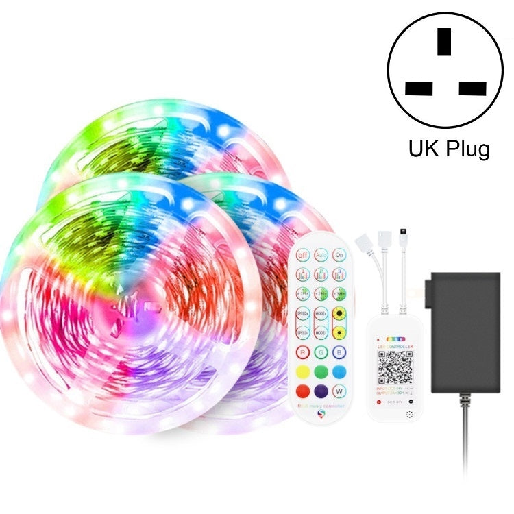 Fita LED Colorida RGB Impermeável com Controlo de Som e Música Bluetooth, Tira de Luz Atmosférica 5050 com Controlo Remoto de 24 Teclas, 5M 150 LEDs, 5M 300 LEDs, 10M 300 LEDs, 10M 600 LEDs, 15M 450 LEDs, 20M 360 LEDs, 30M 540 LEDs