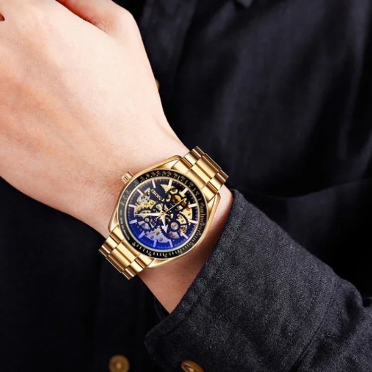 SKMEI 9194 Relógio Mecânico Automático Esqueleto Masculino com Correia de Aço, Preto, Prateado, Dourado Mostrador Preto, Dourado Rosé, Dourado Mostrador Dourado