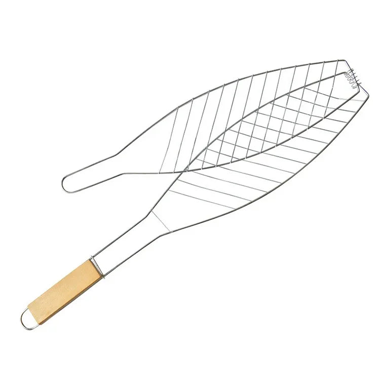 Pega de Rede para Peixe para Churrasco com Cabo de Madeira Cromado Clipe para Peixe Grelhado ao Ar Livre Ferramenta para Churrasco