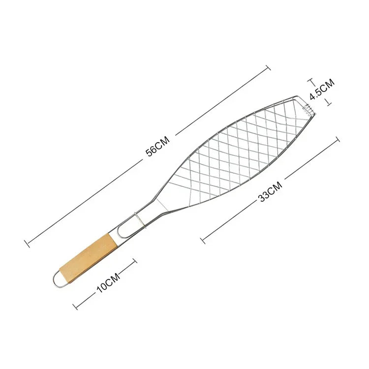 Pega de Rede para Peixe para Churrasco com Cabo de Madeira Cromado Clipe para Peixe Grelhado ao Ar Livre Ferramenta para Churrasco