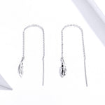 Feather Ear Line Sterling Silver Long Earrings Platinum Plated Simple Girl Earrings, SCE786