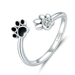 Anel Aberto de Prata Esterlina S925 com Pegada de Animal de Estimação Bonita Anel com Gota Preta, SCR605