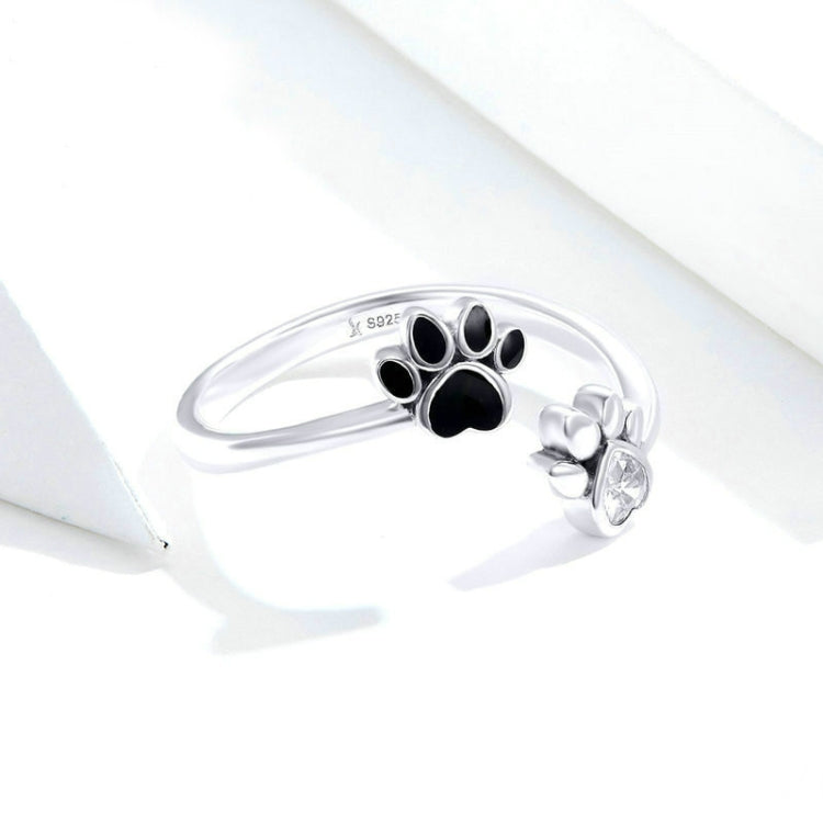 Anel Aberto de Prata Esterlina S925 com Pegada de Animal de Estimação Bonita Anel com Gota Preta, SCR605