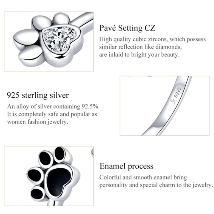 Anel Aberto de Prata Esterlina S925 com Pegada de Animal de Estimação Bonita Anel com Gota Preta, SCR605