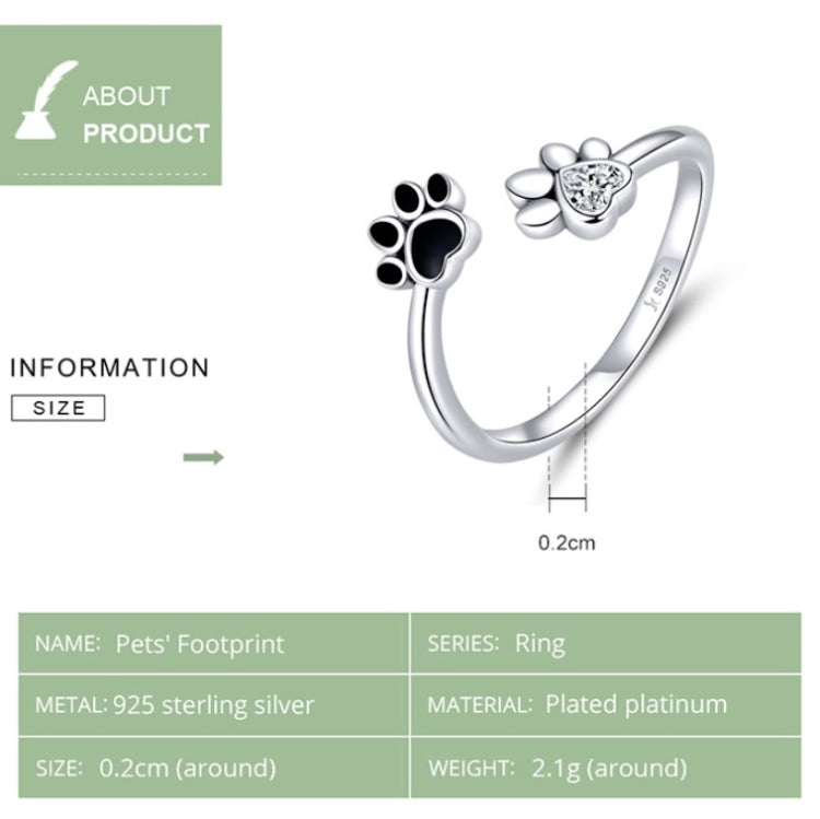 Anel Aberto de Prata Esterlina S925 com Pegada de Animal de Estimação Bonita Anel com Gota Preta, SCR605