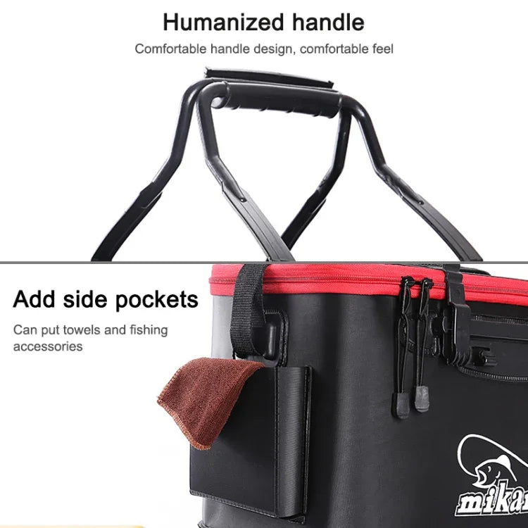 Caixa de Peixe Vivo Dobrável Multifuncional Reforçada Balde de Pesca, 40 cm (com Alça e Bolso Lateral), 45 cm (com Alça e Bolso Lateral), 50 cm (com Alça e Bolso Lateral)