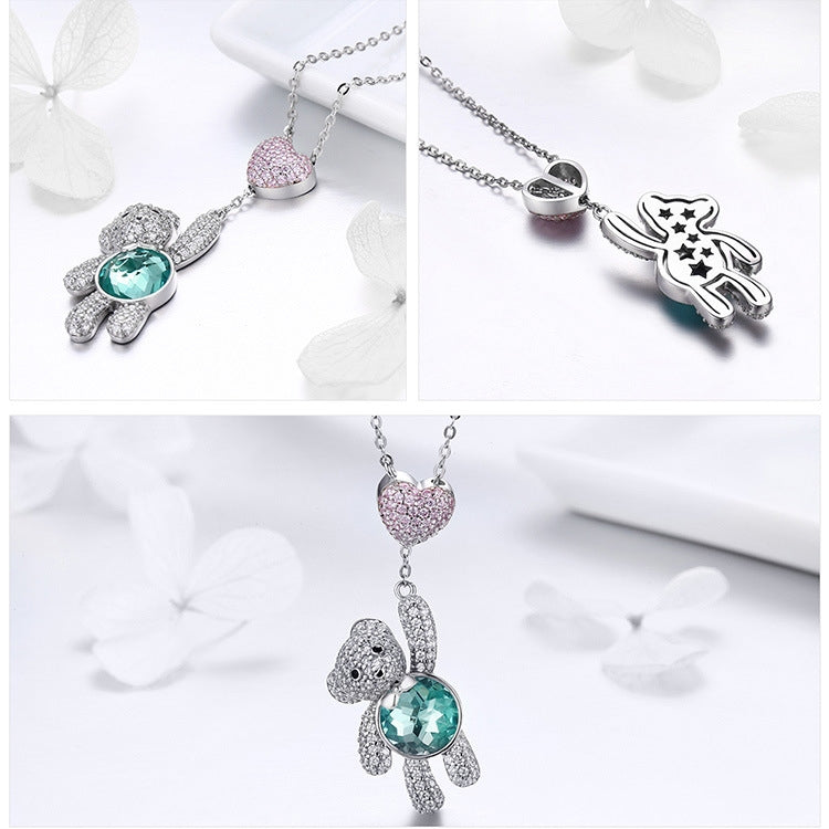 Colar Urso Fofo em Prata Esterlina S925 com Revestimento de Ouro Rosa e Zircão, SCN271